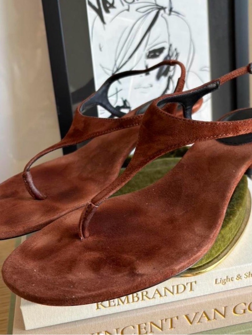 H&M Brown Real Suede T-Strap Sandals